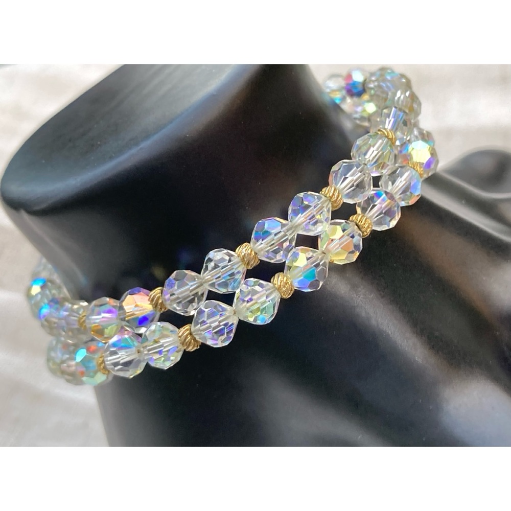 Vintage AB Beaded Coil Wire Bracelet Aurora Borealis Iridescent Sparkly